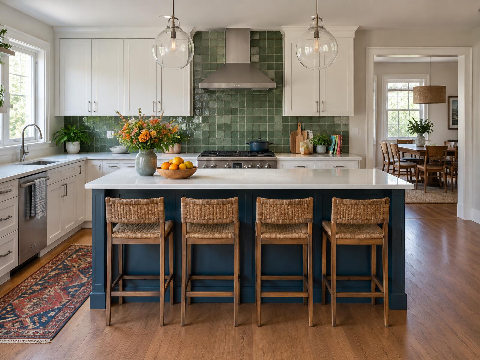 Renovated kitchen with a deep navy island with woven counter stools, white cabinets, a green glazed tile backsplash, and a colorful patterned runner