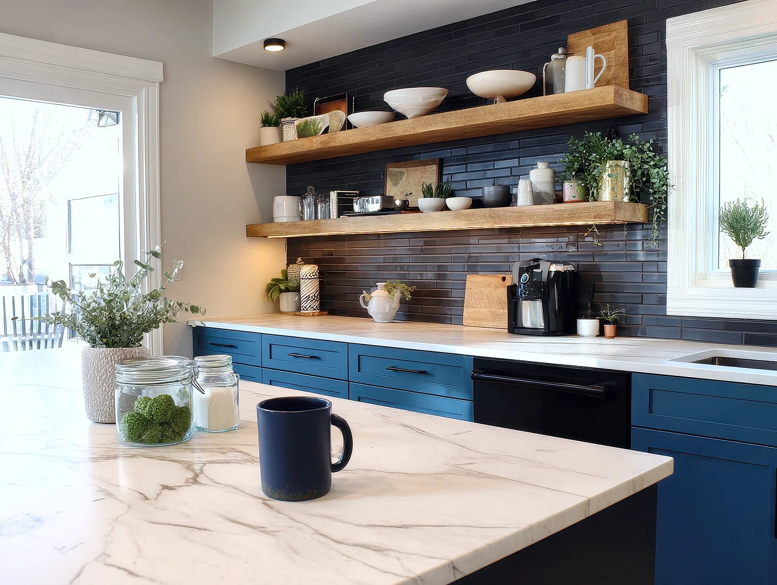 Kitchen with blue cabinetry, marble countertops, floating wood shelves, and a dark tile backsplash