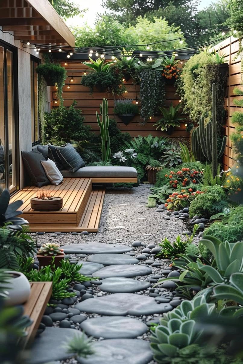 Small lush backyard with a raised wood deck lounge, stepping stones, string lights, vertical planting, and a modern fence
