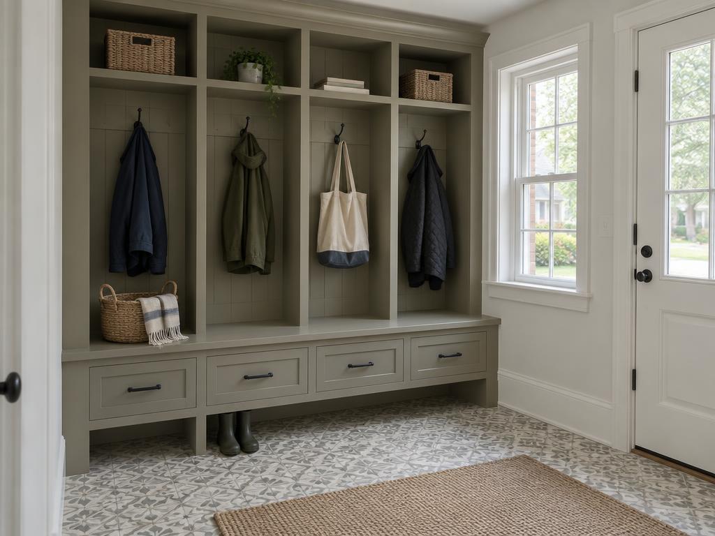 Built-in mudroom hall tree with olive-green cubbies and hooks holding jackets and a tote, drawers and a bench below, and boots tucked under the bench on a patterned tile floor