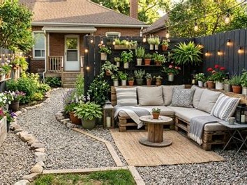 Gravel garden retreat with curved stone-edged paths, layered planting, and relaxed outdoor seating