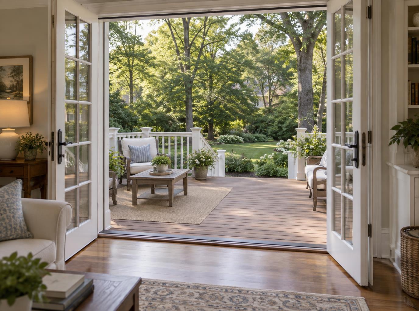View from a living room through open French doors onto a deck with seating and railings, leading to a green backyard with mature trees