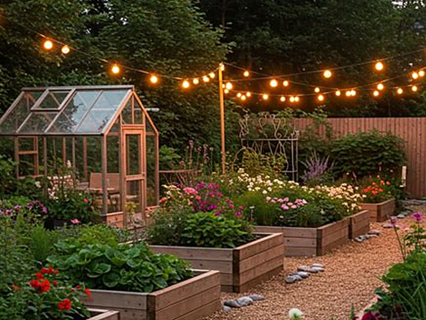 Twilight kitchen garden with weathered raised planting beds, a small glass greenhouse, gravel paths, and warm string lights overhead