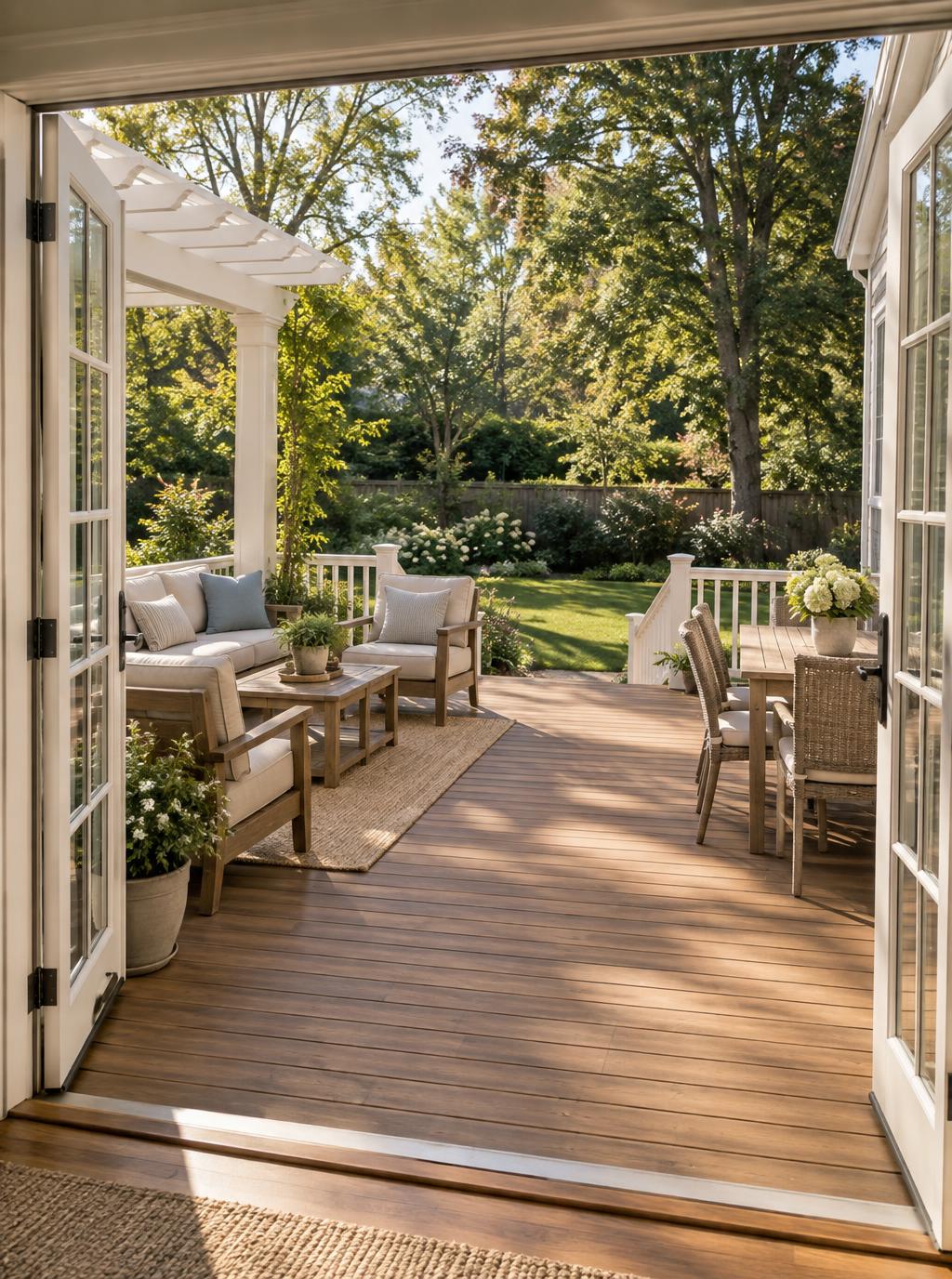 View from open French doors across a warm wood deck with seating and dining areas, leading to a green backyard with trees and simple landscaping