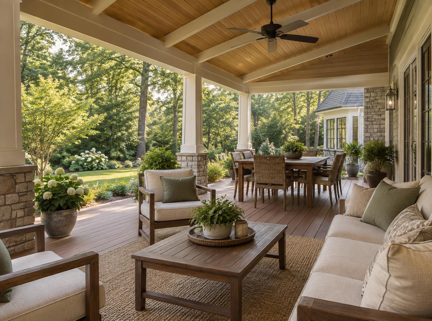 Covered deck as an outdoor room with a warm wood ceiling, ceiling fan, comfortable seating, dining area, stone accents, and open views into a green backyard