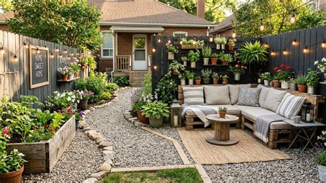Intimate backyard retreat with a gravel path, abundant planting, raised garden beds, string lights, and relaxed lounge seating