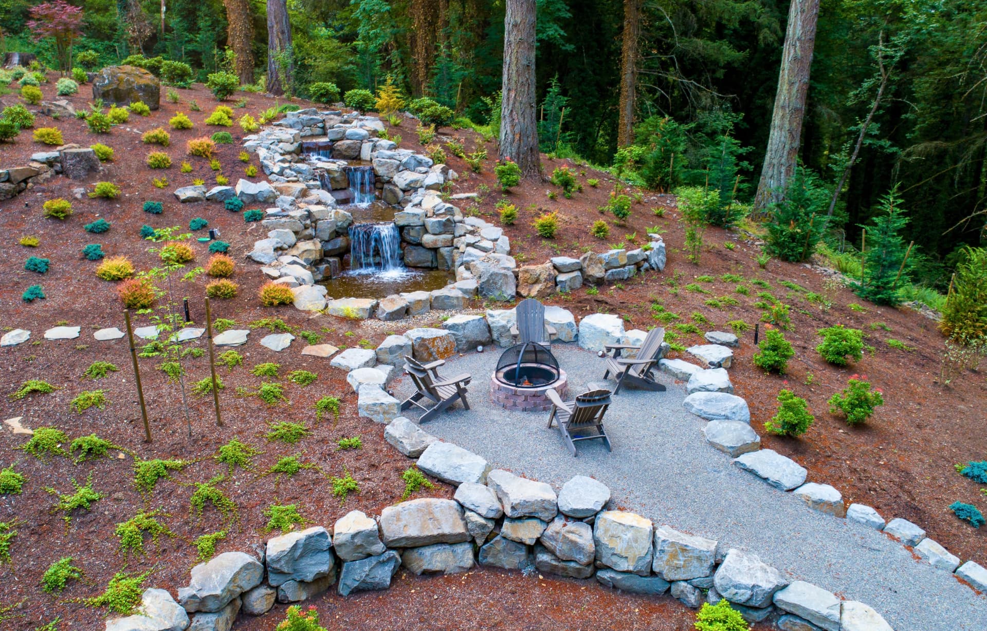 Aerial view of a landscaped backyard with a stacked-stone waterfall, pond, fire pit seating, and surrounding woodland