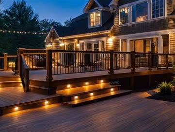 Deck stairs with warm integrated riser lighting leading down to a lower deck at dusk