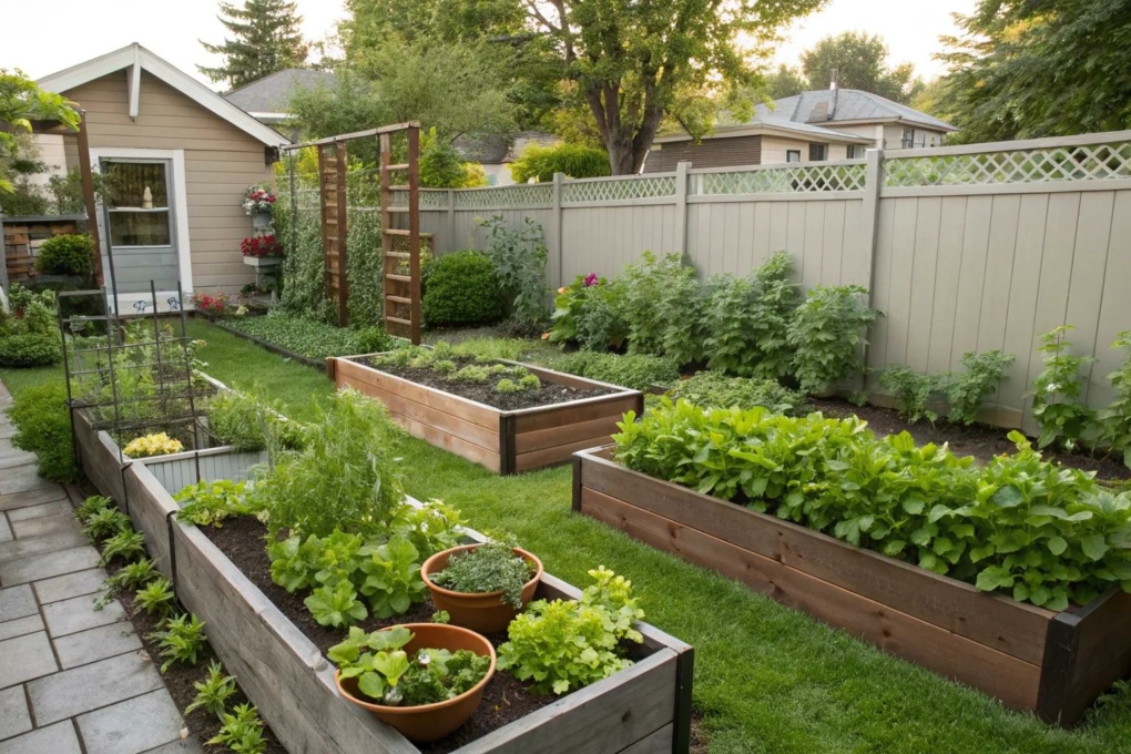 Residential backyard garden with raised timber planting beds, green lawn paths, trellises, and established vegetables