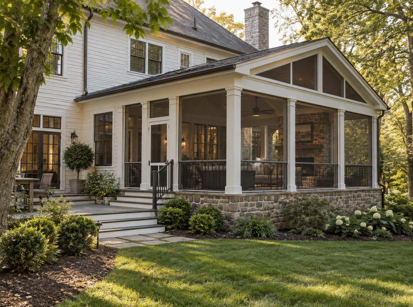 Exterior view of a custom screened porch with white columns, stone foundation, and composite deck extending a traditional Virginia home into the backyard
