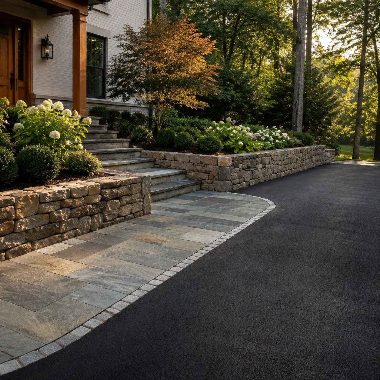 Finished residential asphalt driveway with light stone edging and established landscaping