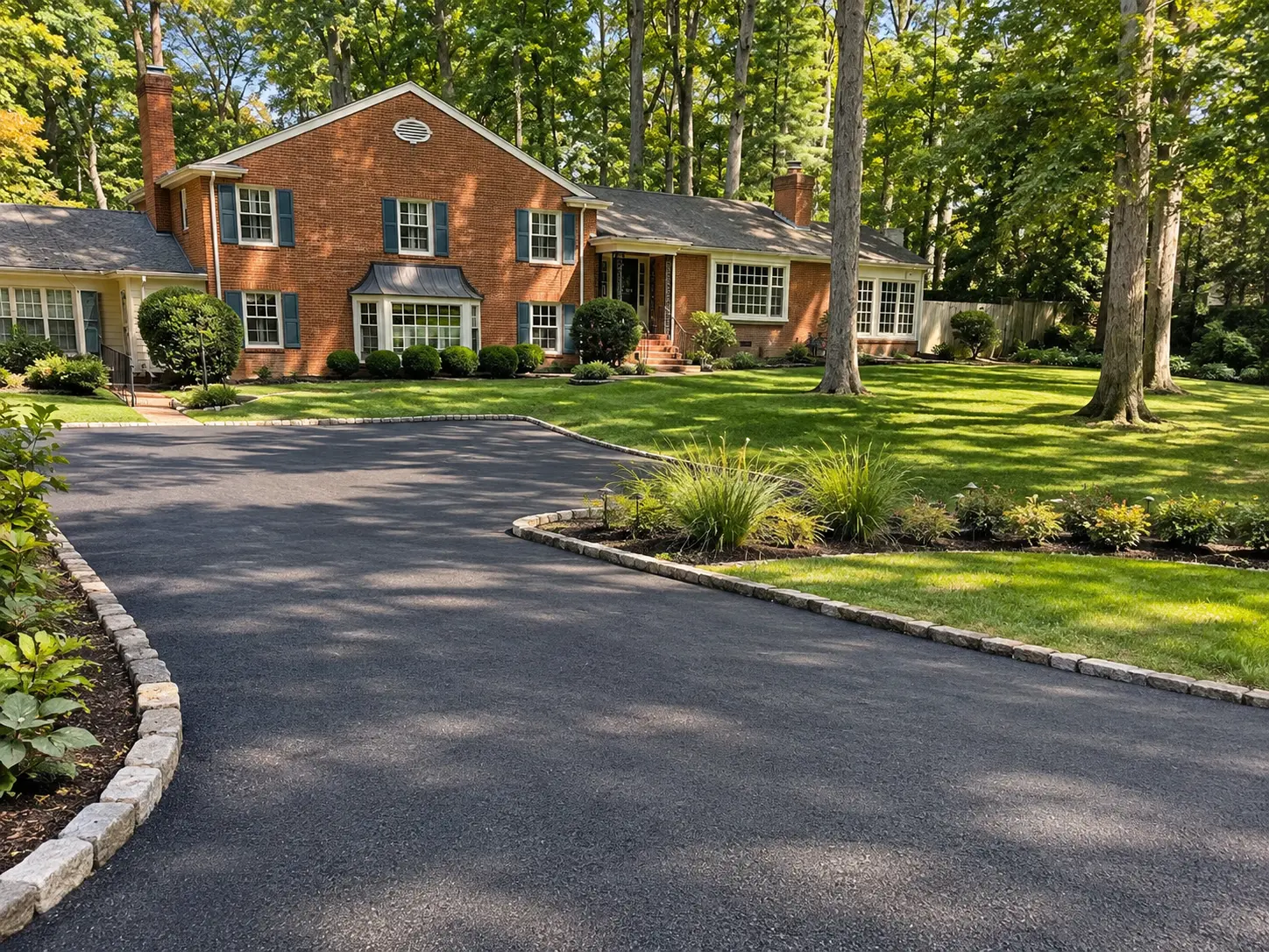 Brick Virginia home with a curved asphalt driveway bordered by stone edging, mature trees, and landscaped planting beds