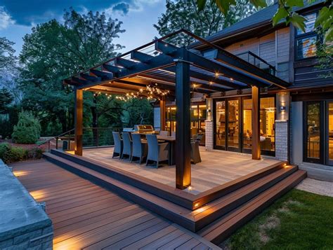 Multi-level deck with a modern pergola, string lights, dining area, and steps leading into the yard at dusk