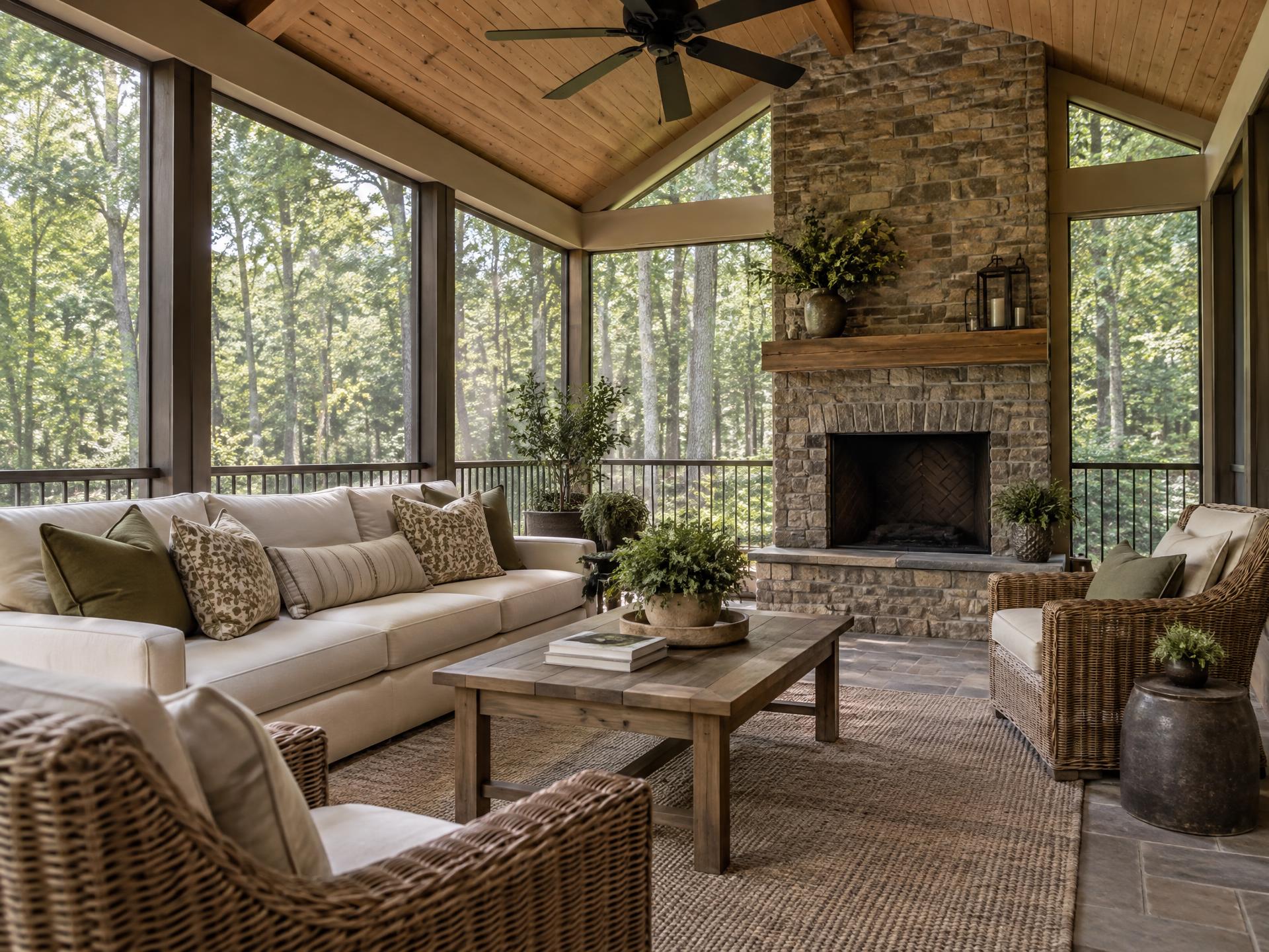 Luxury screened porch interior with a stone fireplace, comfortable seating, wood ceiling, and views into mature Virginia woods