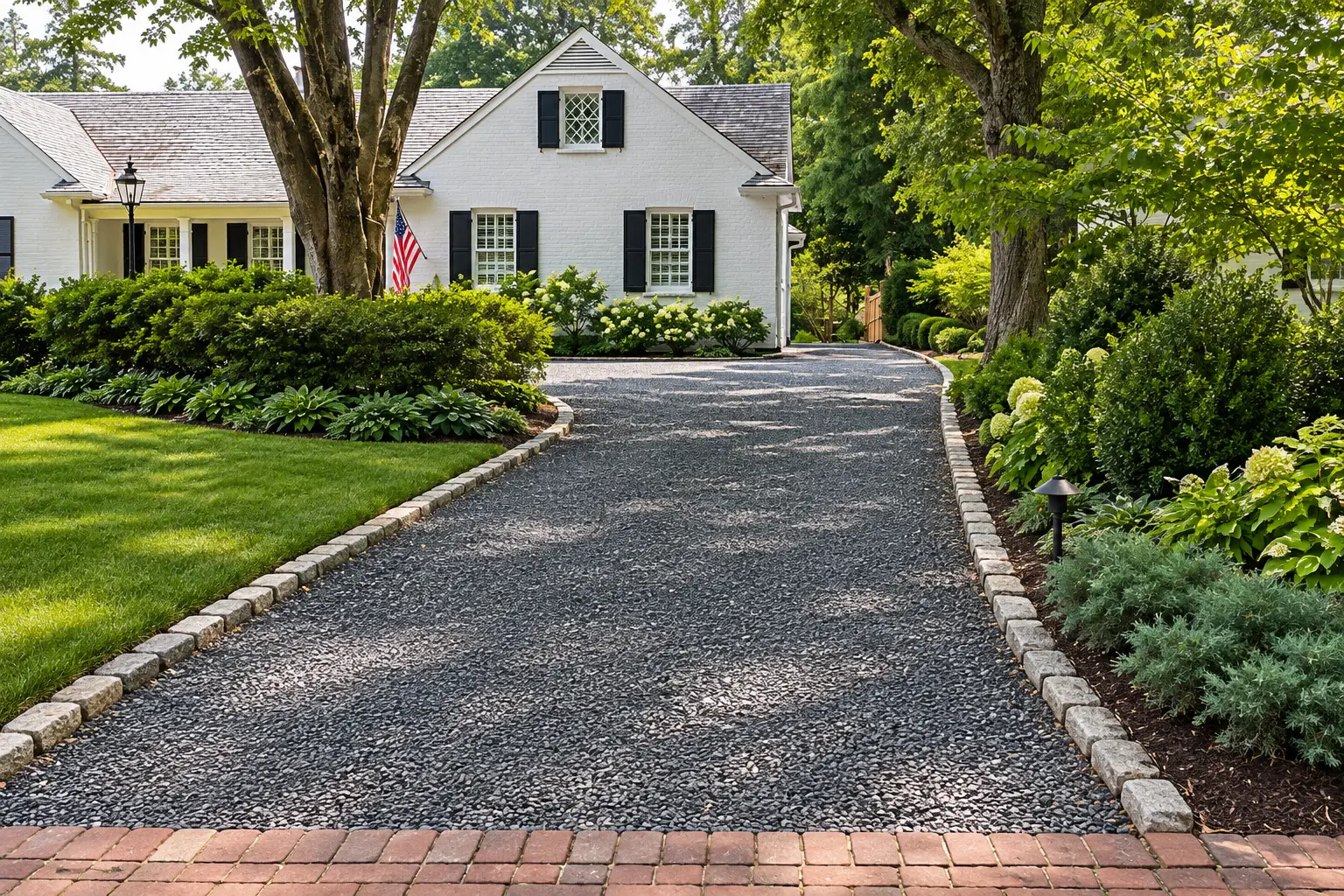 Gravel driveway with stone edging leading to a white Virginia home surrounded by mature trees and landscaping