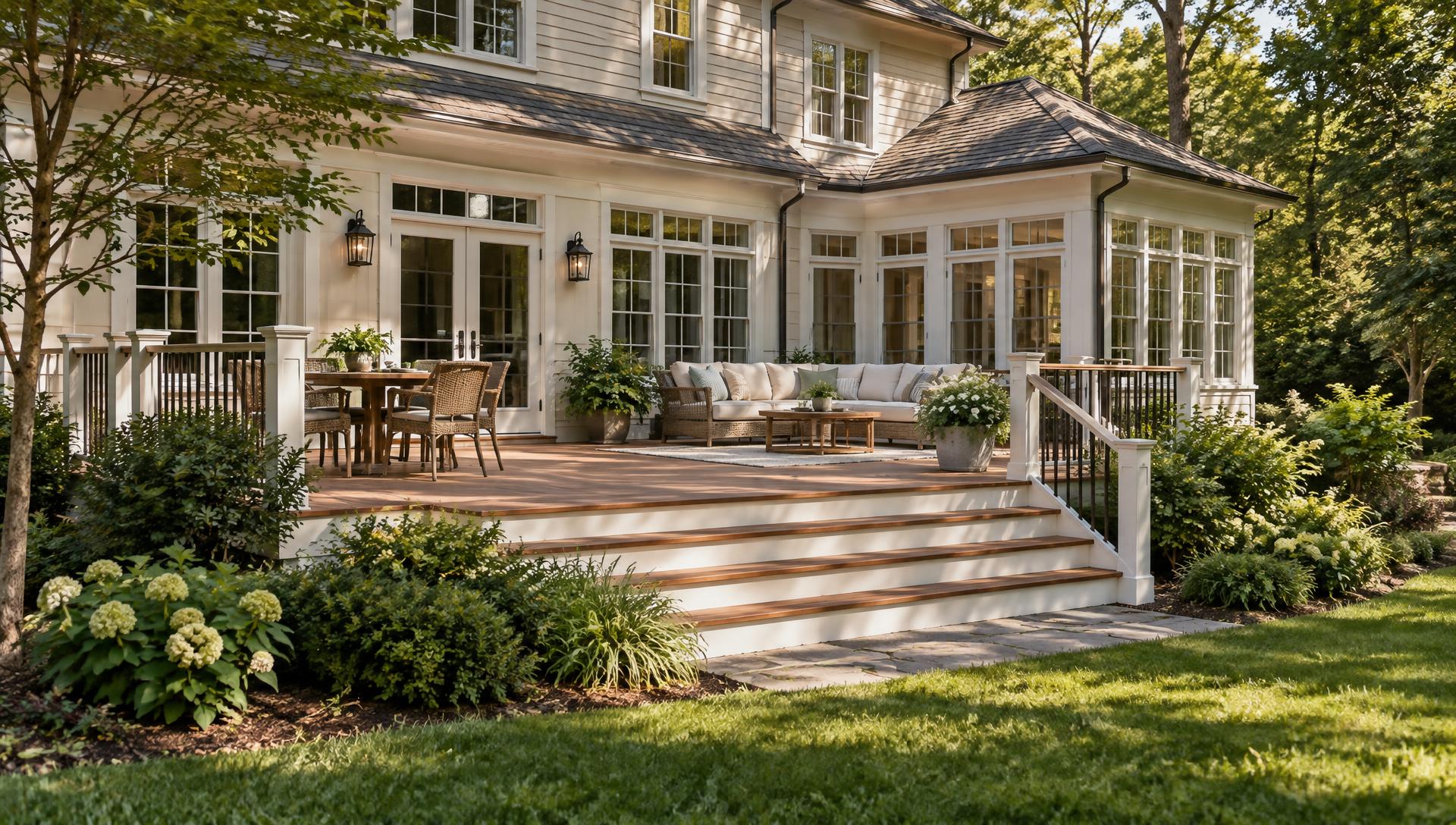 Custom wood deck attached to a timeless Virginia home with lounge seating, dining area, integrated stairs, and mature landscaping