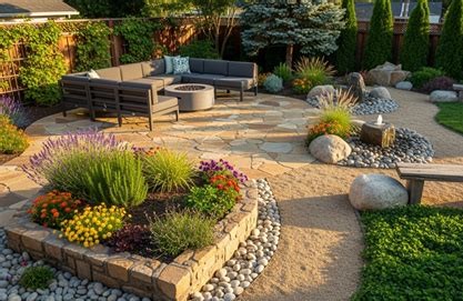 Mixed-material backyard with flagstone paths, boulder accents, layered planting beds, and outdoor seating around a firepit
