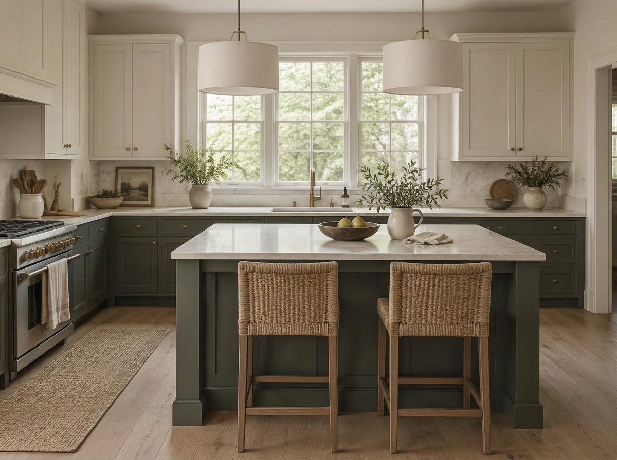 Light, open kitchen with charcoal lower cabinets, warm off-white uppers, a professional range, and a window over the sink