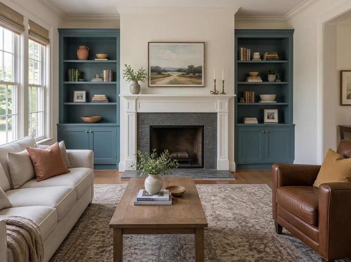 Living room with deep blue-green built-in shelves and cabinets flanking a slate fireplace, with a sofa and leather chair arranged for conversation