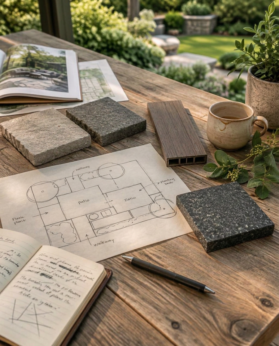 Weathered wood table with paver, decking, and granite samples, a hand-drawn backyard sketch, notebook, pen, coffee mug, and plant clippings in warm daylight